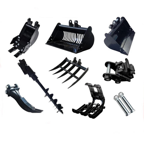 8-piece mini excavator attachment set with bucket, ripper, rake, auger and quick hitch